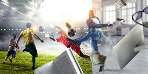 Soccer man in action with ball. Mixed media