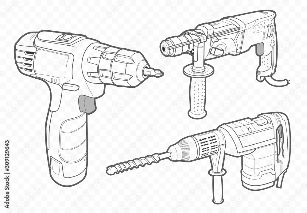 Wall mural vector drill, jackhammer and screwdriver. outline contour sketches. hand drawn illustrations set. bu