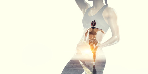 Athlete woman on white. Mixed media