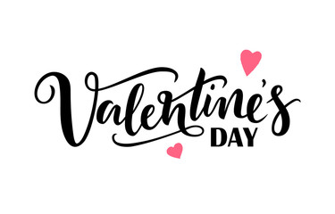 Hand drawn black lettering Valentines Day and pink hearts on white background. Vector illustration for design of card, banner, logo, flayer, label, icon, badge, sticker