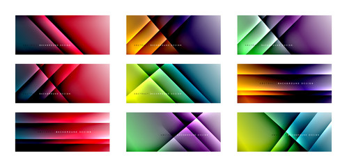 Straight lines with shadows and light on gradient backgrounds. Set of trendy simple fluid color gradient abstract backgrounds with dynamic straight shadow line effect.