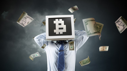 Monitor headed businessman. Mixed media