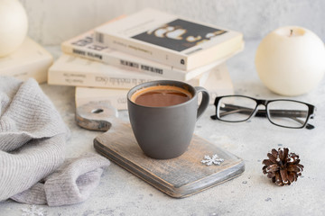 Cup of hot chocolate cacao for cold days. Winter hygge  concept.