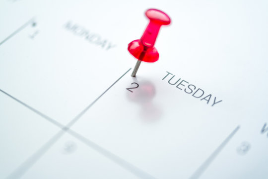 Red push pin on calendar every 2nd of the month