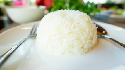 Cooked Jasmine Rice in white plate on lunch time.