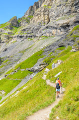 Obraz premium Hiking trail in the Swiss Alps photographed in the summer season. Tourists walking hiking path in the Kandersteg area, Switzerland. Steep mountains in the background. Green Alpine landscapes