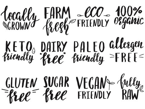 Set of dietary food labels written by hand.