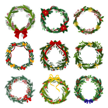 Christmas Wreath Vector Set. Colorful Holiday Decorative Fir Tree Branches Arranged in a Circle