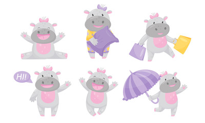 Cartoon Hippo Girl Character Holding Umbrella and Greeting Vector Set