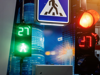 Pedestrian crossing street sign and traffic light for pedestrians