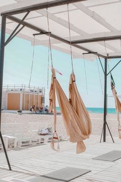Empty hammok for yoga panoramic photo at sea view