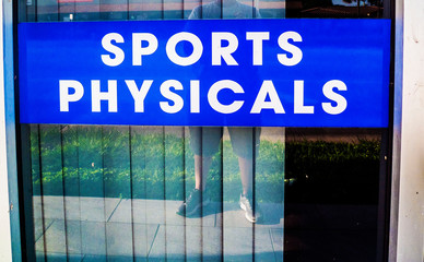 Sports Physical Blue and White Window Sign