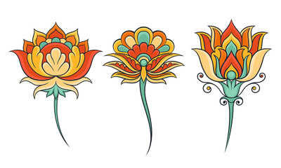 Colorful Feather and Floral Ornament Vector Set. Abstract Indian Linear Decorative Collection