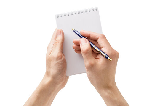 Male hands holding an open empty notebook and a pen. Isolated.