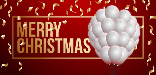 Obraz premium Happy 2020 New year holiday card with gold christmas balls and decorations and gold greeting lettering isolated on white background. Merry Xmas banner 