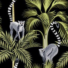 Tropical vintage palm trees and lemur floral seamless pattern black background. Exotic jungle wallpaper.