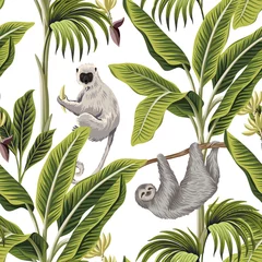Wall murals African animals Tropical vintage palm trees, banana trees, lemur and sloth floral seamless pattern white background. Exotic jungle wallpaper.