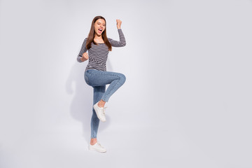 Fototapeta na wymiar Full length body size view of her she nice attractive charming cheerful cheery lucky straight-haired girl having fun lottery winning good news best luck isolated over white light background