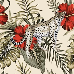 Wall murals Hibiscus Tropical vintage red hibiscus flower, leopard floral green palm leaves seamless pattern beige background. Exotic jungle wallpaper.