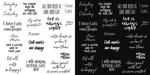 vector lettering. vector set phrases about love for cats, about cats. Two image options - black and white background.