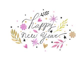 watercolor christmas card with snowflakes, dots and leaves and letter happy new year