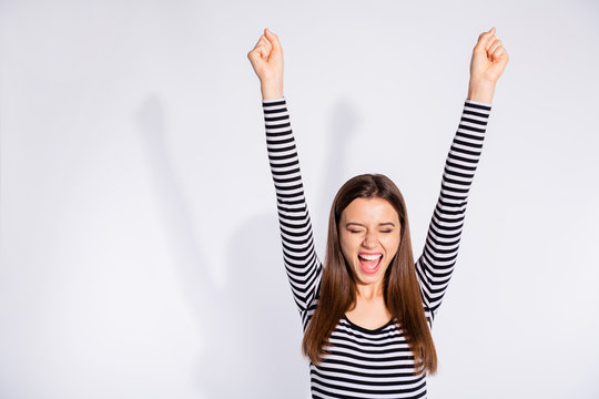 Close-up portrait of her she nice attractive charming lovely cheerful cheery ecstatic straight-haired girl rising hands up cool victory triumph isolated over white light background