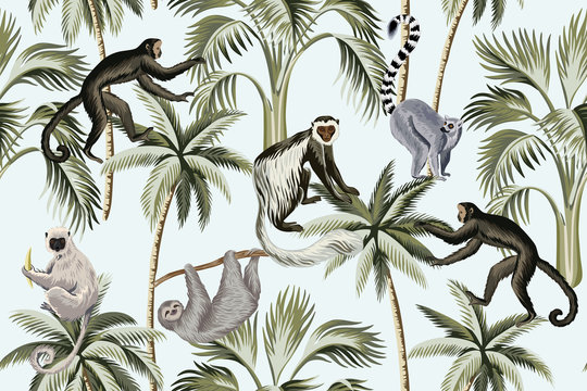 Tropical vintage monkey, sloth, lemur,   palm trees floral seamless pattern blue background. Exotic jungle wallpaper.