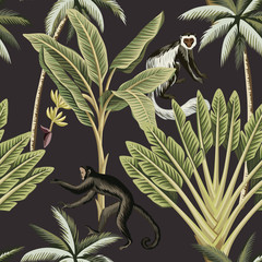 Tropical vintage monkey, palm trees, banana tree floral seamless pattern dark background. Exotic jungle wallpaper.