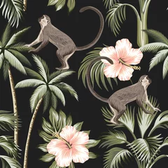 Behang Hibiscus Tropische vintage aap, roze hibiscus bloem, palmbomen naadloze bloemmotief donkere achtergrond. Exotisch junglebehang.