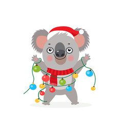 Koala Bear Kid. Cute Cartoon Koala Bear Characters. Merry Christmas Vector Illustration. Koala With Christmas Lights Garland. Australian New Year Card.