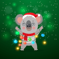 Koala Bear Kid. Happy Koala With Christmas Lights Garland. Australian New Year Card. Cute Cartoon Koala Bear Characters. Merry Christmas Vector Illustration.