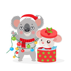 Koala Bear and Small Rat Kid. Christmas Card With Funny Rat And Koala. Little Mouse With Gift Box. Koala With Christmas Lights Garland. Merry Christmas Kids Vector Cartoon Style Illustration.