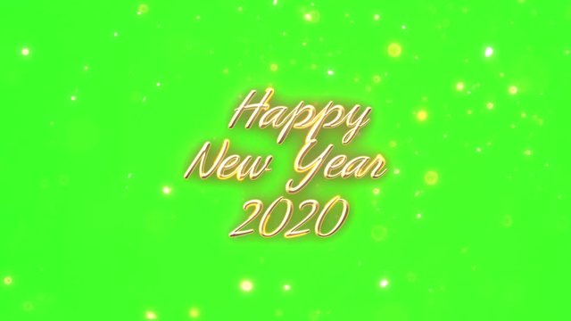 Happy New Year 2020 text postcard animation with golden particles on green screen 