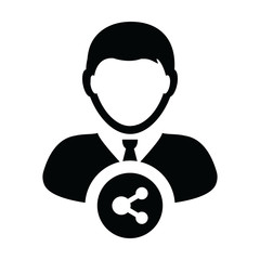 Market icon vector male person profile avatar with share symbol in a glyph pictogram illustration