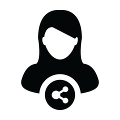 User icon with share symbol vector female person profile in a glyph pictogram illustration