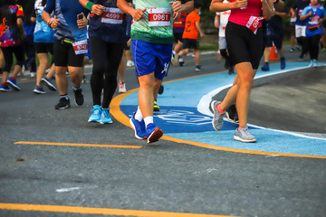 fitness, sport, race and healthy lifestyle concept - group of people  running marathon with badge numbers outdoors
