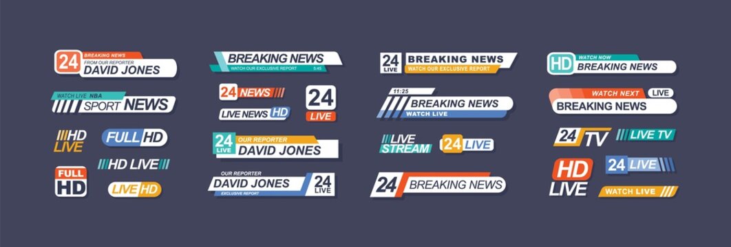 TV live news bars vector illustrations set. Headline titles design templates isolated on dark background. Television channel broadcasting service collection. Breaking news lower third.