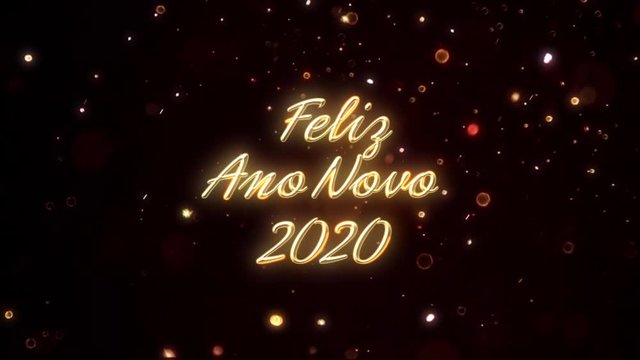 Feliz Ano Novo 2020 animated golden particle text postcard. Translation: Happy New Year 2020.