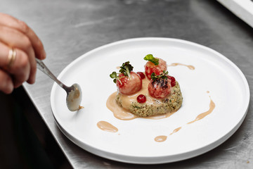 the chef is preparing a presentation of the dish