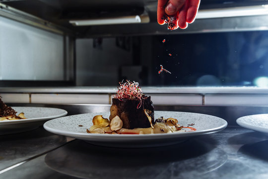the chef is preparing a presentation of the dish