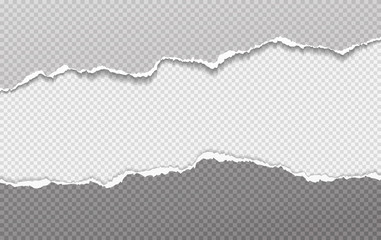 Torn, ripped pieces of horizontal grey paper with soft shadow are on white squared background for text. Vector illustration