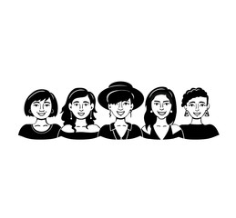Vector illustration with isolated group of smiling women on a white background. Poster on the theme of friendship and team. Cartoon, flat people for use in your design