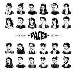 Vector set with isolated avatars of people on white background. Cartoon characters, smiling faces of young men and women