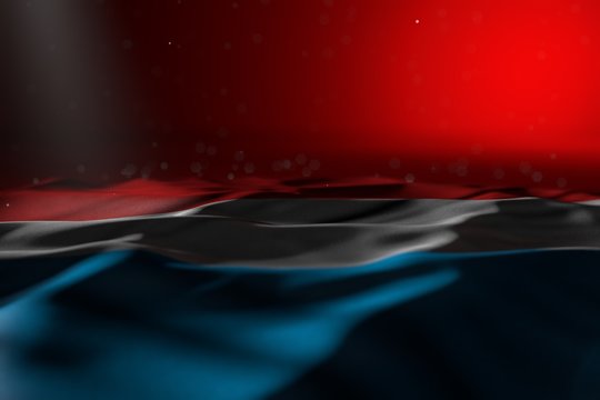 pretty dark image of Luxembourg flag lying on red background with selective focus and free place for text - any holiday flag 3d illustration..