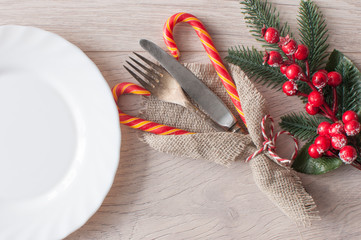 Cute Christmas table setting. Top view with copy space for your recipe, text congratulations