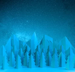 Deurstickers Winter paper landscape with mountains and pine trees at night © LUMA