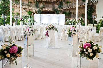 Beautiful wedding set decoration in the restaurant.