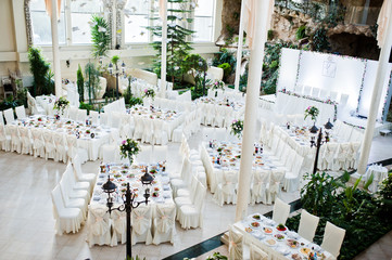 Beautiful wedding set decoration in the restaurant.
