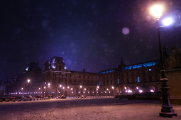 Place de Carrousel square, Paris under snow, night