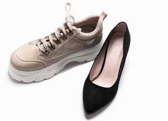 the concept of comparing elegant shoes against comfortable sneakers